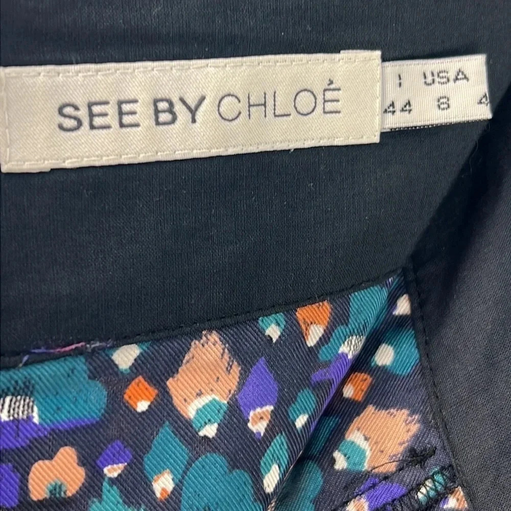 See By Chloe Silk Patterned A-Line Skirt Front Pleats/Pocket Size 8 Back Zipper - Picture 10 of 14